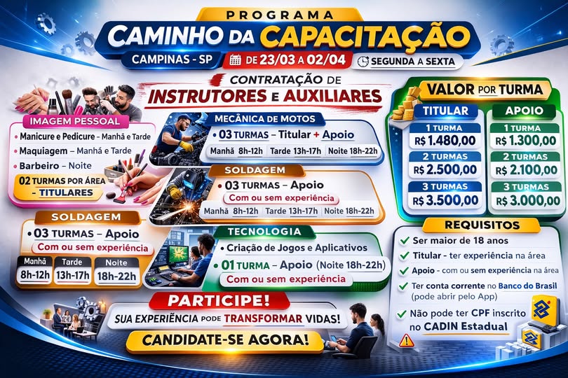 O Programa Caminho da Capacitação está com vagas abertas para INSTRUTORES e AUXILIARES!